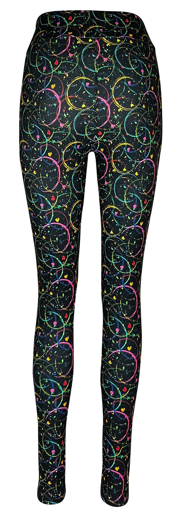 Women's leggings with black background featuring bold neon intertwined circles and paint-splatter accents, designed for comfort and flexibility.