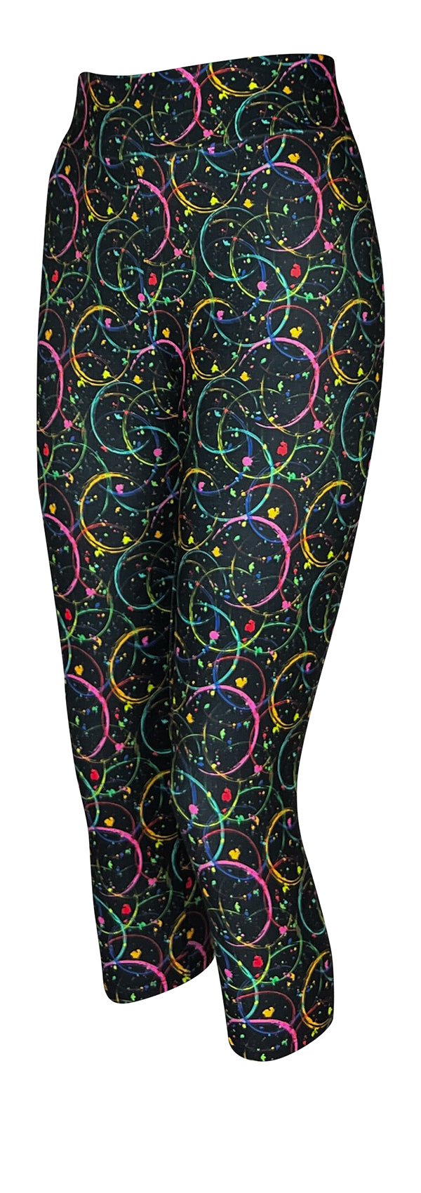 Black leggings for women with neon colorful intertwined circles and paint-splatter design, high-waisted for comfort and flexibility.