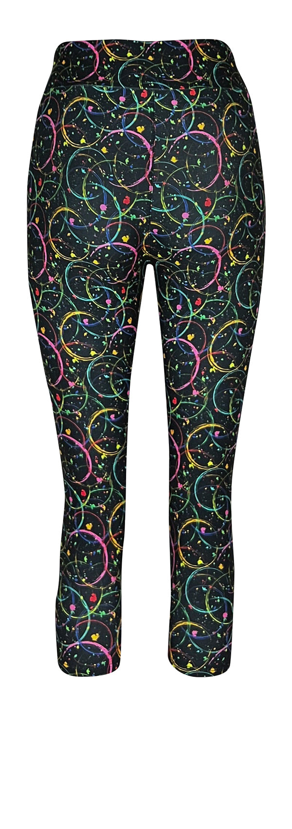 Women's leggings with neon multi-colored intertwined circles and paint splatter design on black background, high waistband, stretchable fabric for comfort and flexibility.