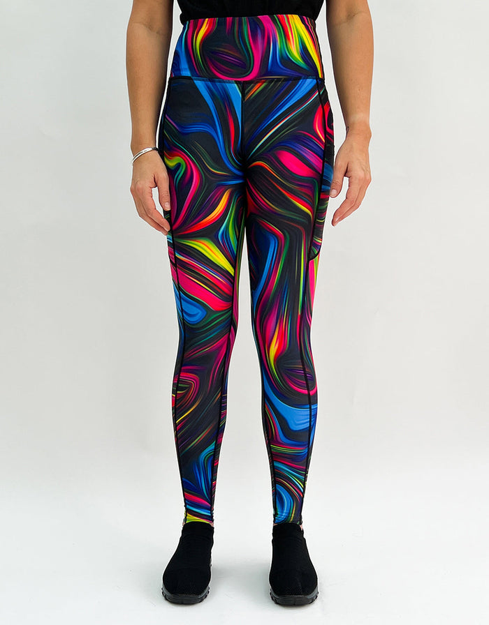 Colorful neon swirl gym leggings with high waistband and side pockets for activewear.