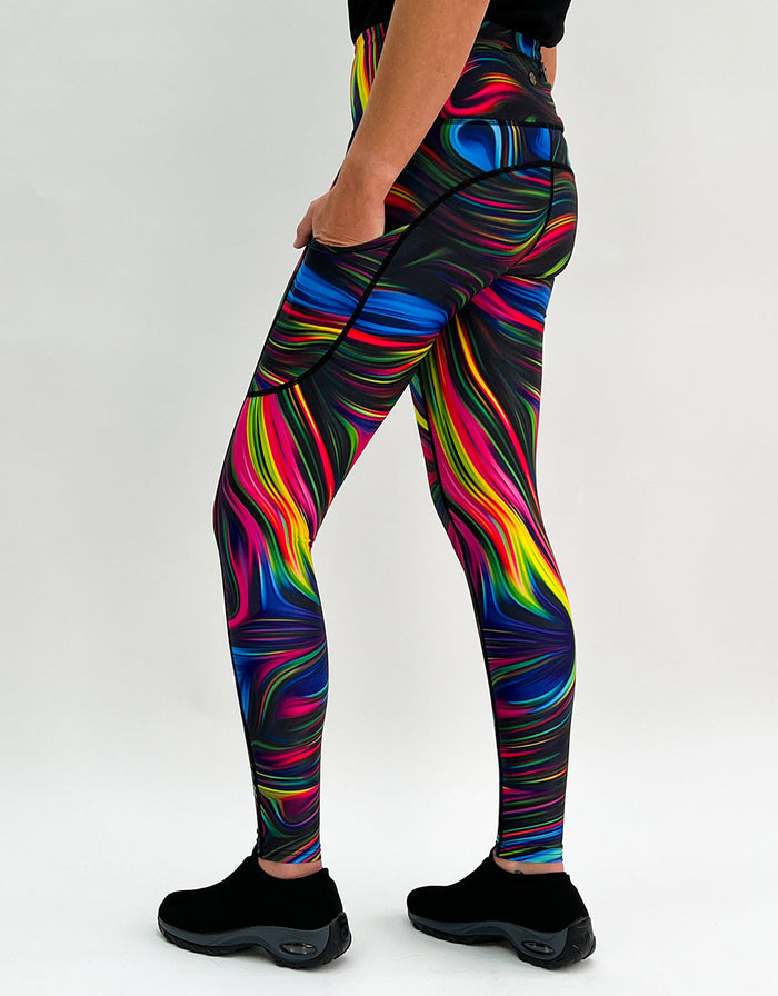 Neon Swirl Activewear leggings with bright multicolor swirl pattern on black background and side pockets.
