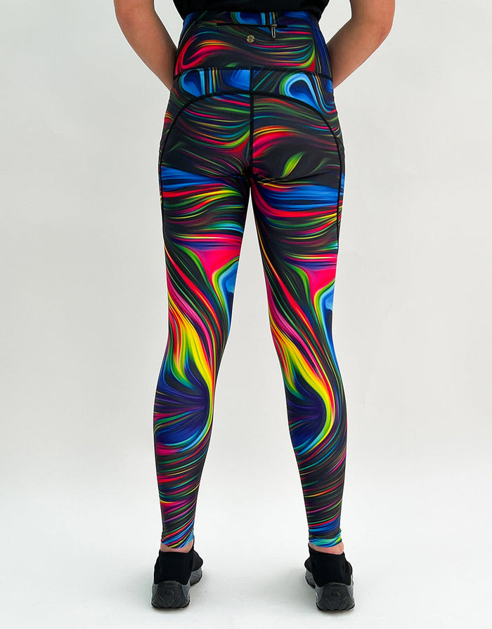 Black leggings with bright neon swirl pattern and pockets, Neon Swirl Activewear