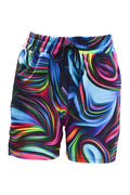 Neon swirl jogger shorts with vibrant electric pink, blue, and green patterns on black background, featuring elastic waistband and deep side pockets.