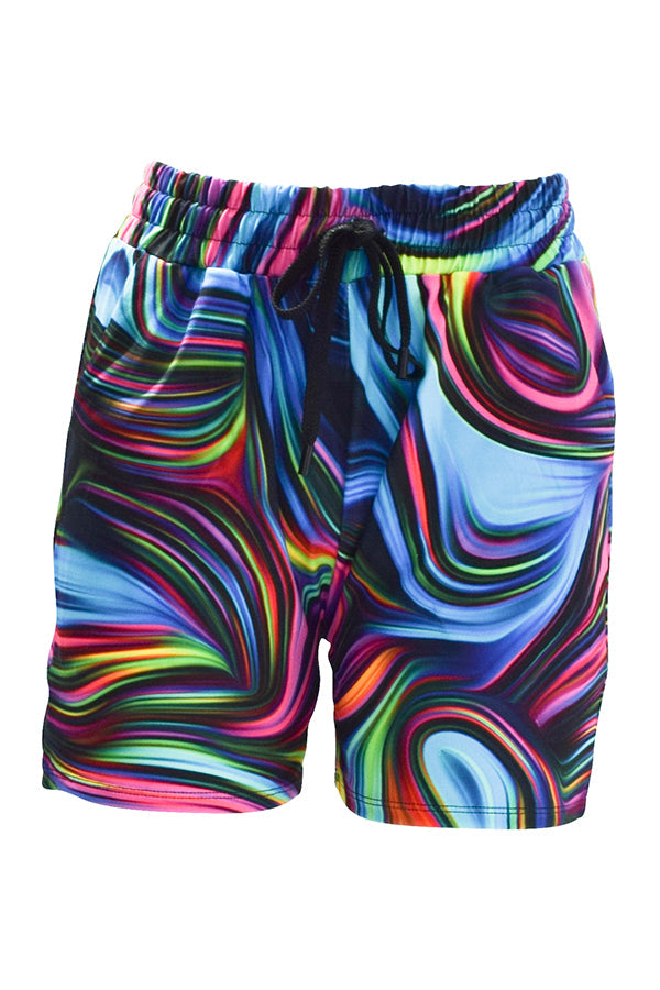 Neon swirl jogger shorts with vibrant electric pink, blue, and green patterns on black background, featuring elastic waistband and deep side pockets.