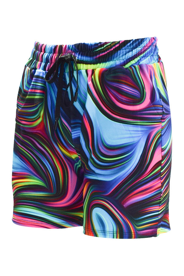 Neon swirl jogger shorts with vibrant pink, blue, and green patterns on black background, elastic waistband, and side pockets.