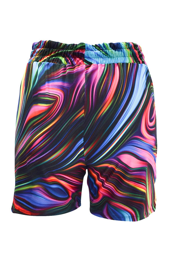 Neon swirl jogger shorts with vibrant pink, blue, green patterns on black background, slim fit, elastic waistband, and deep side pockets for active and casual wear.