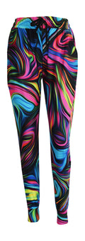 Slim fit Neon Swirl Joggers with bright neon swirl pattern on black, cuffed bottoms, drawstring waist, and pockets.
