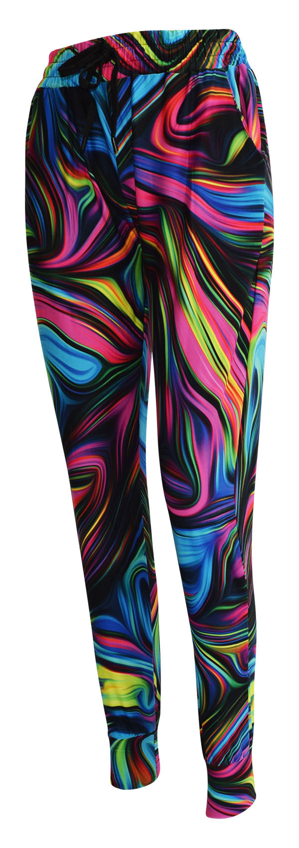 Slim fit neon swirl joggers with bright, colorful pattern, drawstring waist, cuffed bottoms, and pockets on black background.