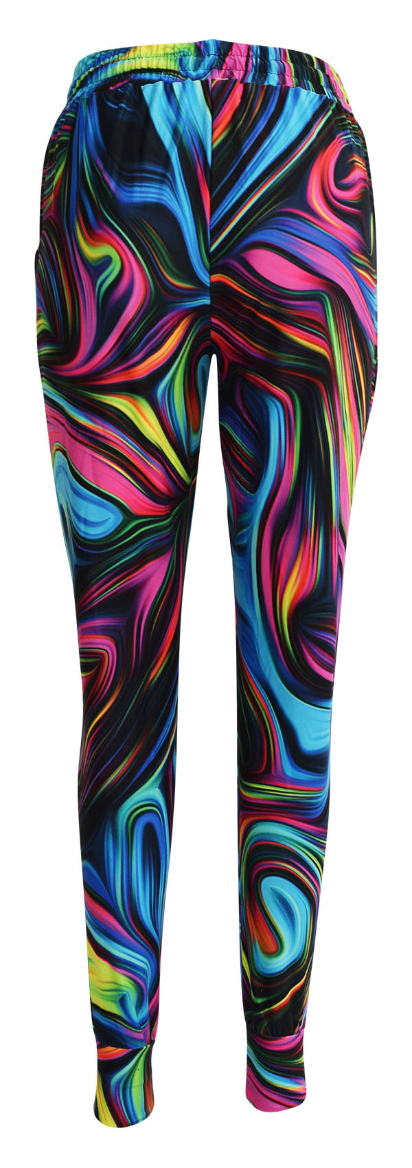 Slim fit Neon Swirl Joggers with bright multicolor swirl pattern on black, cuffed bottoms, drawstring waist, and pockets.