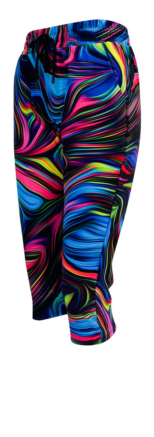 Slim fit Neon Swirl Joggers with bright multicolor swirl pattern on black, cuffed bottoms, drawstring waist, and pockets.