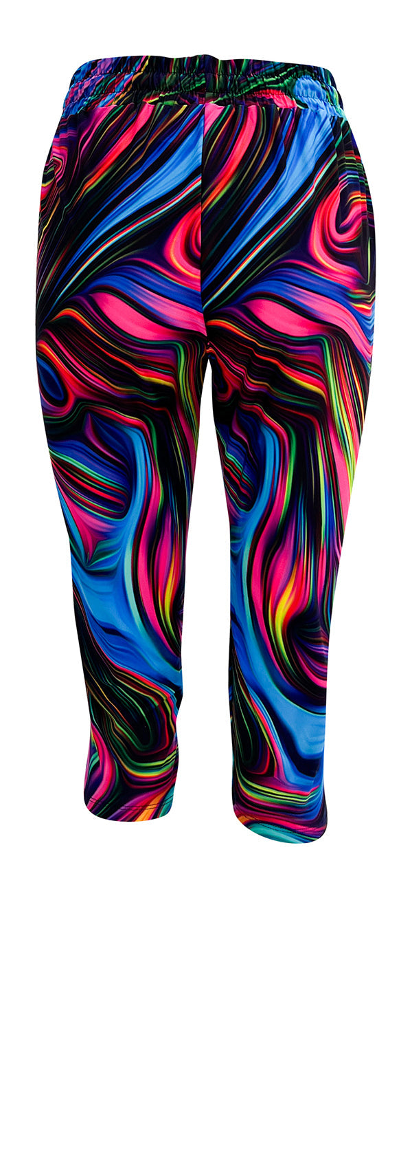 Slim fit Neon Swirl Joggers with bright neon swirl pattern on black, cuffed bottoms, drawstring waist, and pockets.