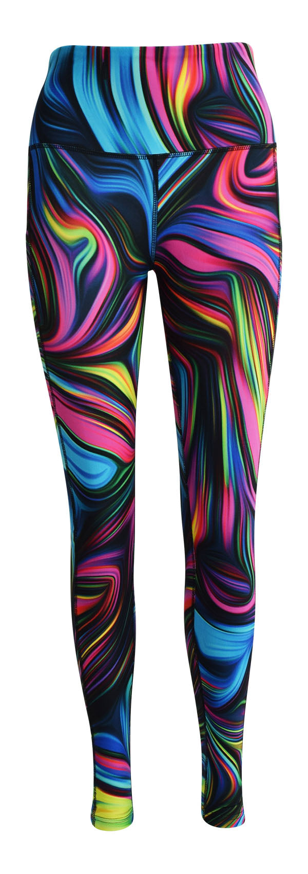 Black leggings with neon swirl pattern and deep side pockets, structured design.