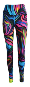 Black leggings with neon swirl pattern and deep side pockets, structured design.