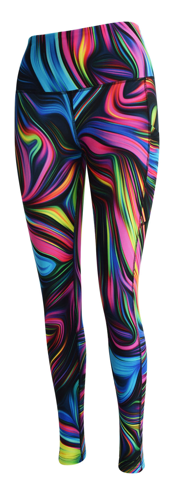 Black leggings with vibrant neon swirl pattern and deep side pockets for keys and phone
