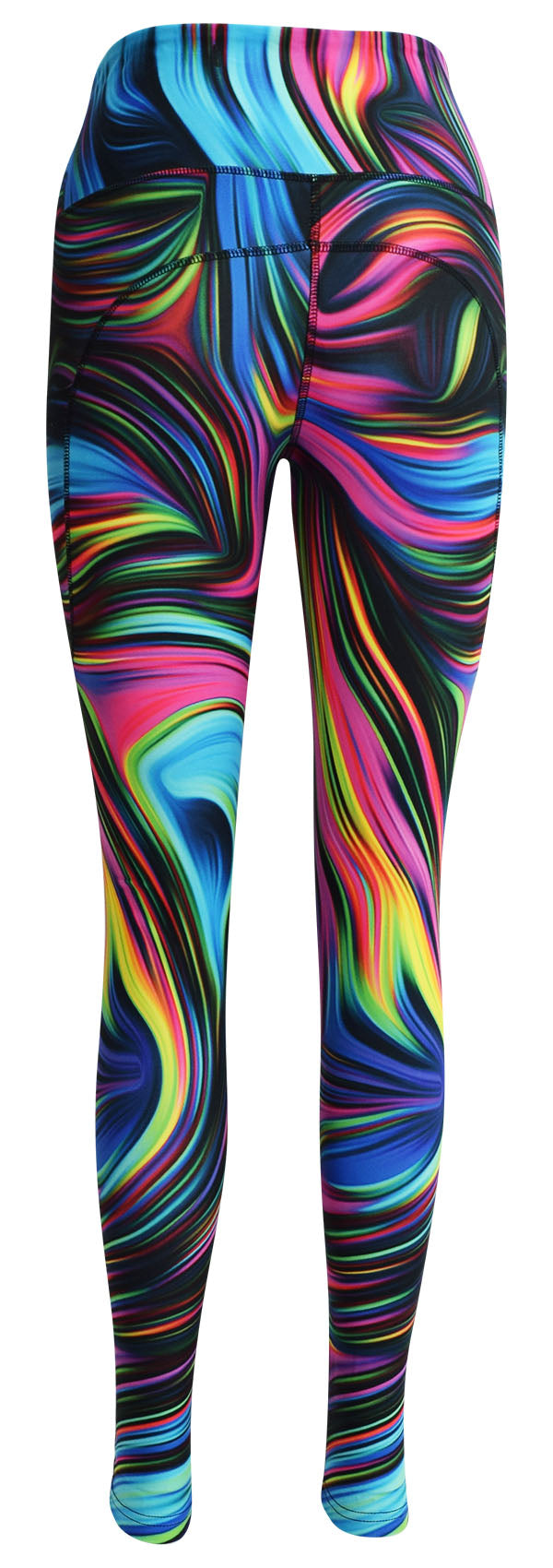 Black leggings with vibrant neon swirl pattern and deep side pockets