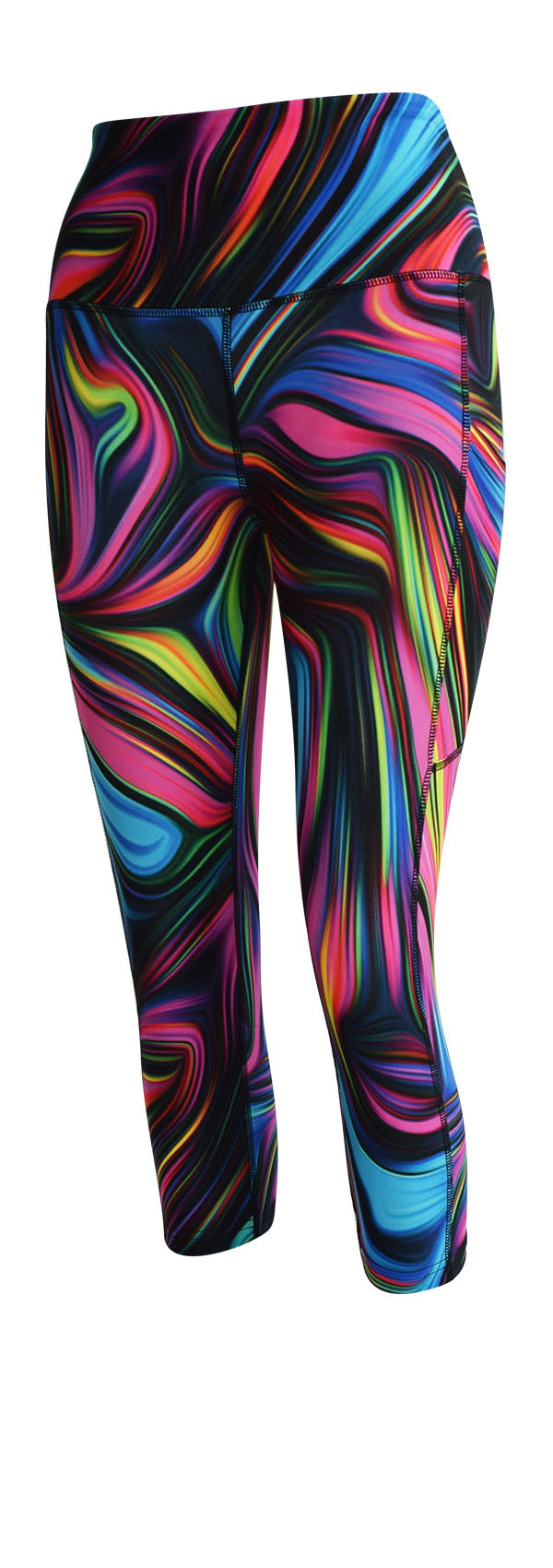 Black leggings with vibrant neon swirl pattern and deep side pockets