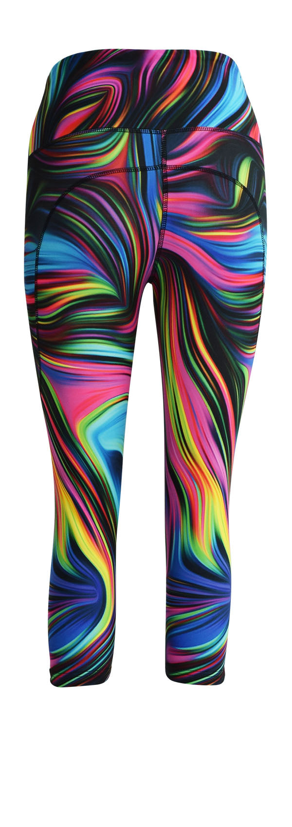 Black leggings with vibrant neon swirl pattern and deep side pockets