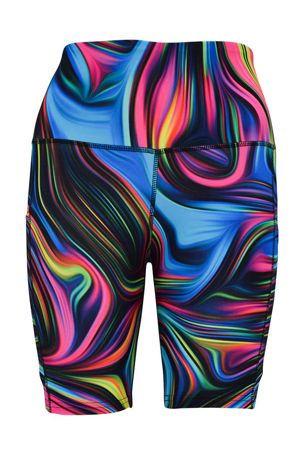Black shorts with bright neon swirl pattern and deep side pockets