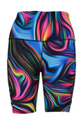 Black shorts with bright neon swirl pattern and deep side pockets