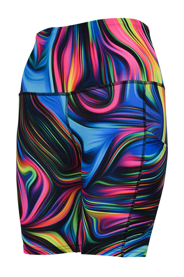 Neon Swirl Shorts with bright multicolor swirl pattern on black background and deep side pockets