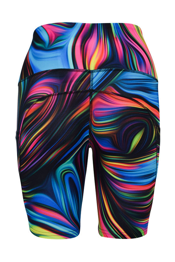 Black neon swirl shorts with bright multicolor pattern and deep side pockets