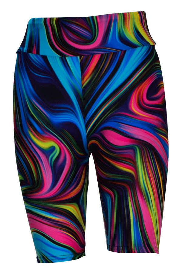 Black shorts with bright neon swirl pattern featuring blue, pink, green, and yellow colors.