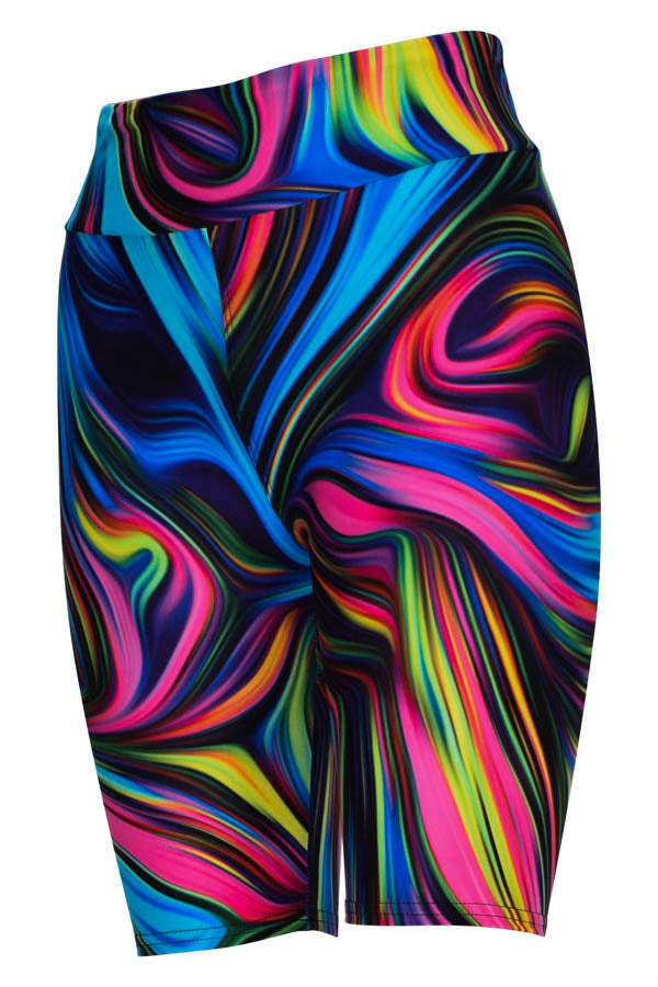 Neon Swirl Shorts with bright multicolor swirl pattern on black background