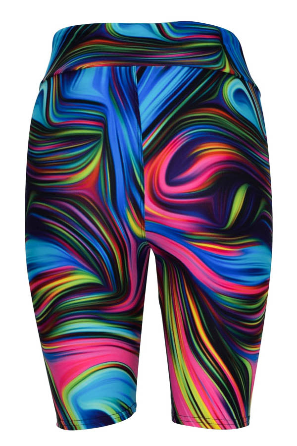 Neon Swirl Shorts with bright multicolor swirl pattern on black background