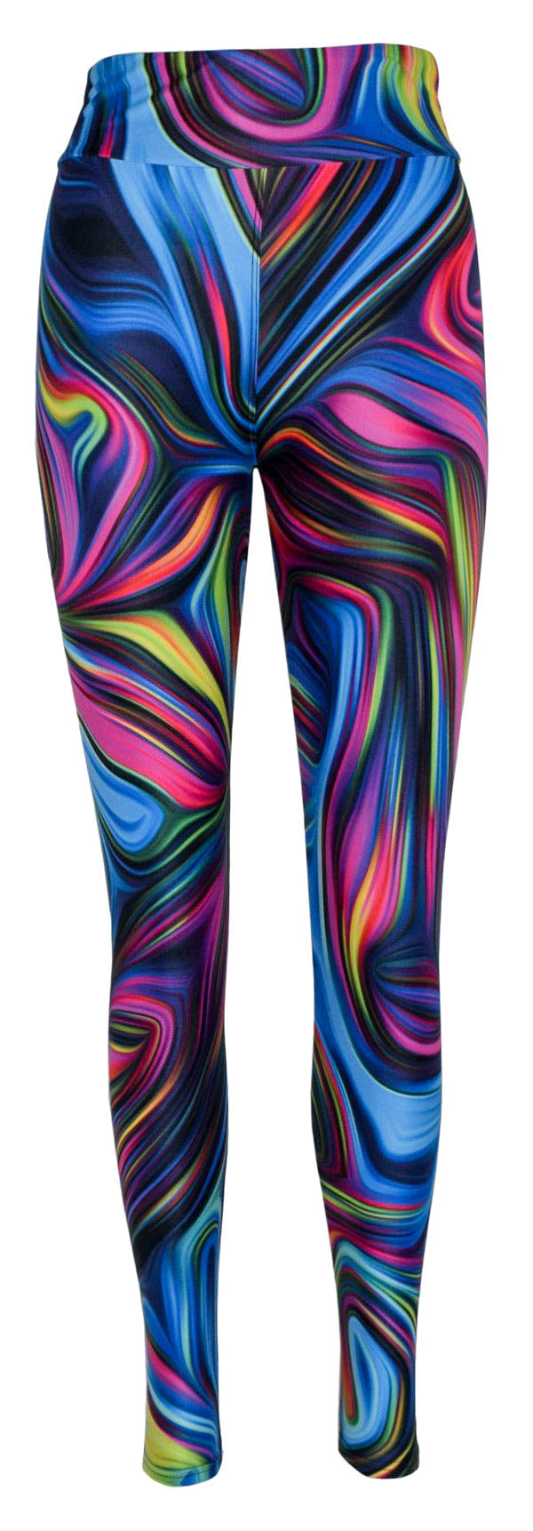 Colorful neon swirl pattern leggings on black background