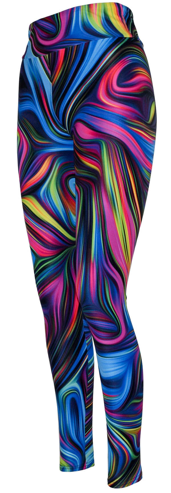 Black leggings with vibrant neon swirl pattern on black background