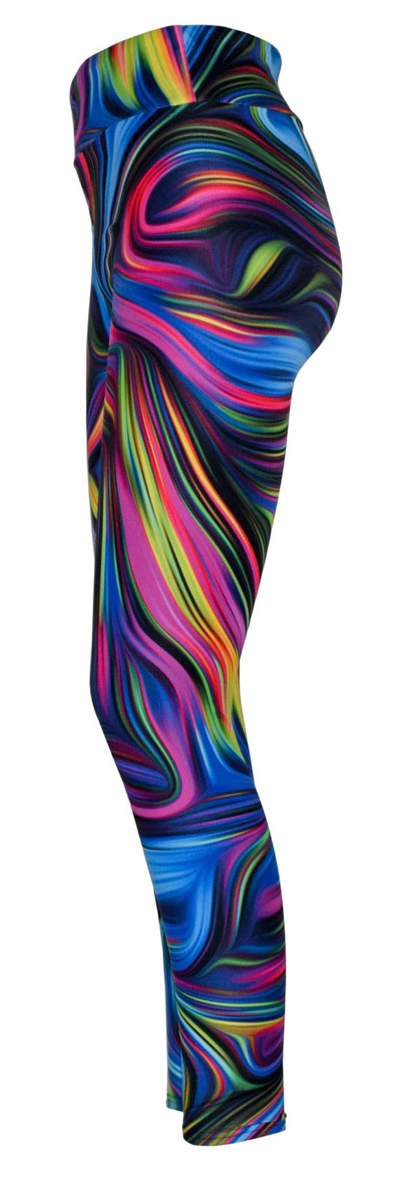 Leggings with a bright neon swirl pattern on a black background