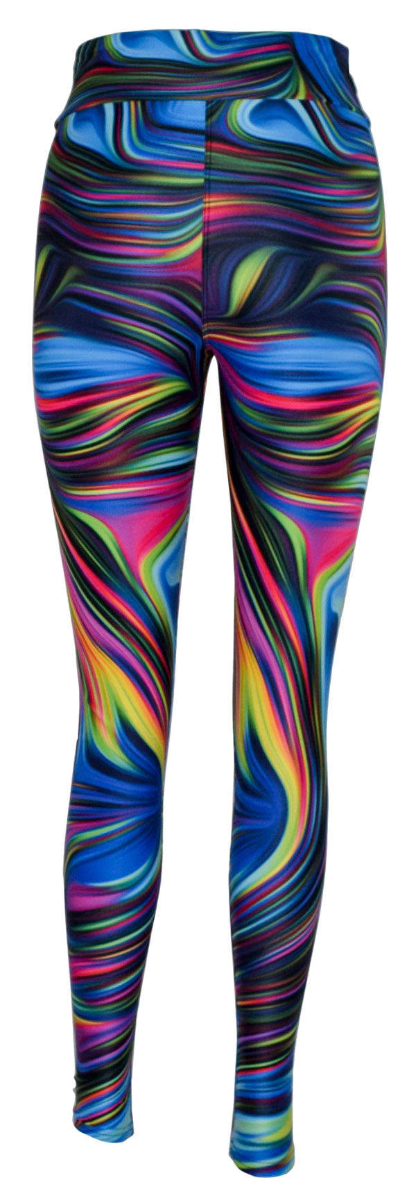Black leggings with a bright neon swirl pattern on a black background
