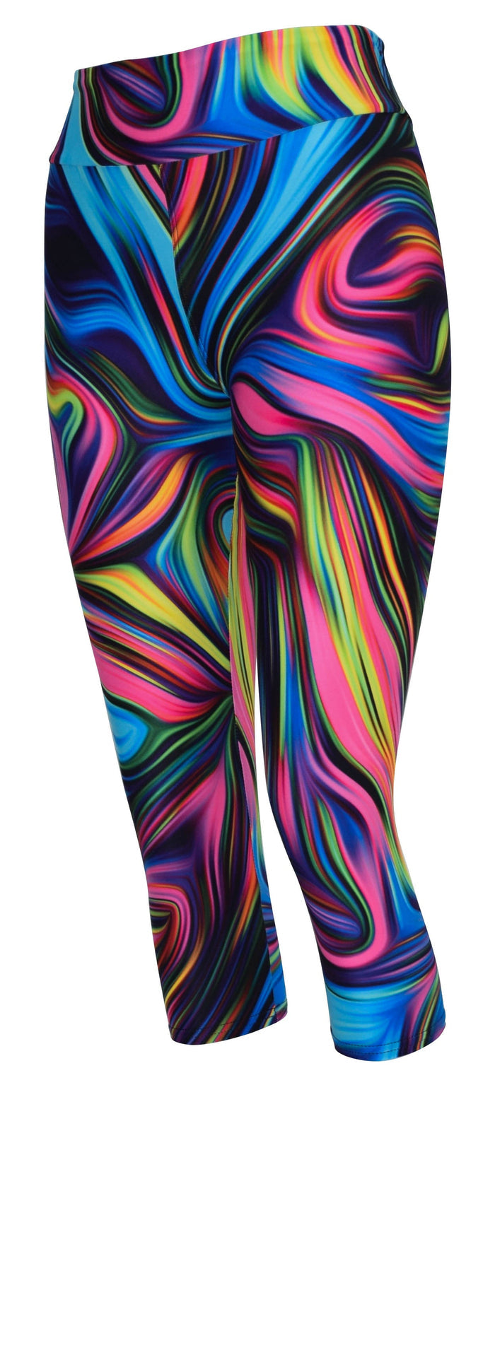 Colorful neon swirl pattern leggings with black background