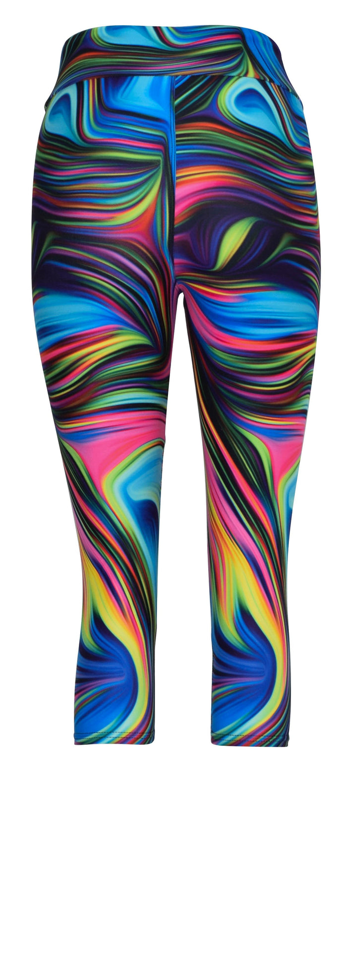Colorful neon swirl pattern leggings with black background