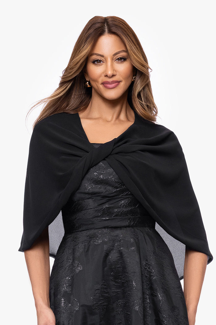 Black “Nikita” Chiffon Twist Shawl Wrap, front view on model