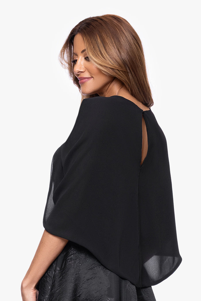 Black “Nikita” Chiffon Twist Shawl Wrap, back view on model