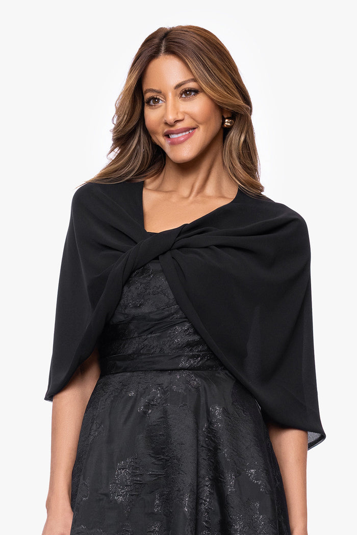 Black “Nikita” Chiffon Twist Shawl Wrap, alternate front view on model