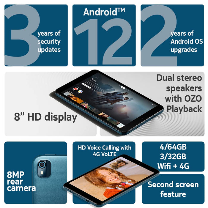 Nokia T10 Android 12 Tablet with 8 Inches Hd Display, 8Mp Rear Camera (Blue) (UNBOXED) - Unboxify