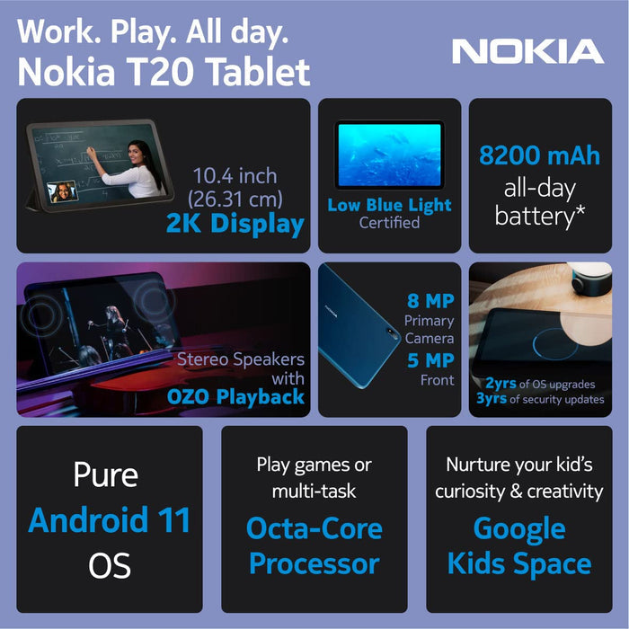 Nokia T20 Tab with 10.36"(26cm) 2K Screen, Low Blue Light | Deep Ocean Blue (UNBOXED) - Unboxify