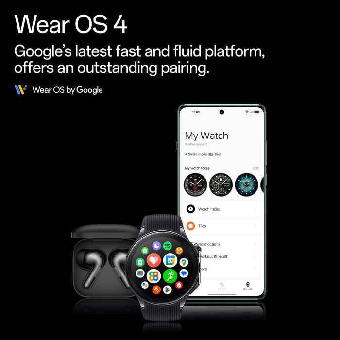 OnePlus Watch 2 with Wear OS 4,Snapdragon W5 Chipset,Upto 100hrs battery life,1.43’’ AMOLED Display,Stainless Steel & Sapphire Crystal build,Dual Frequency GPS,5 ATM, IP68 & BT Calling - Unboxify