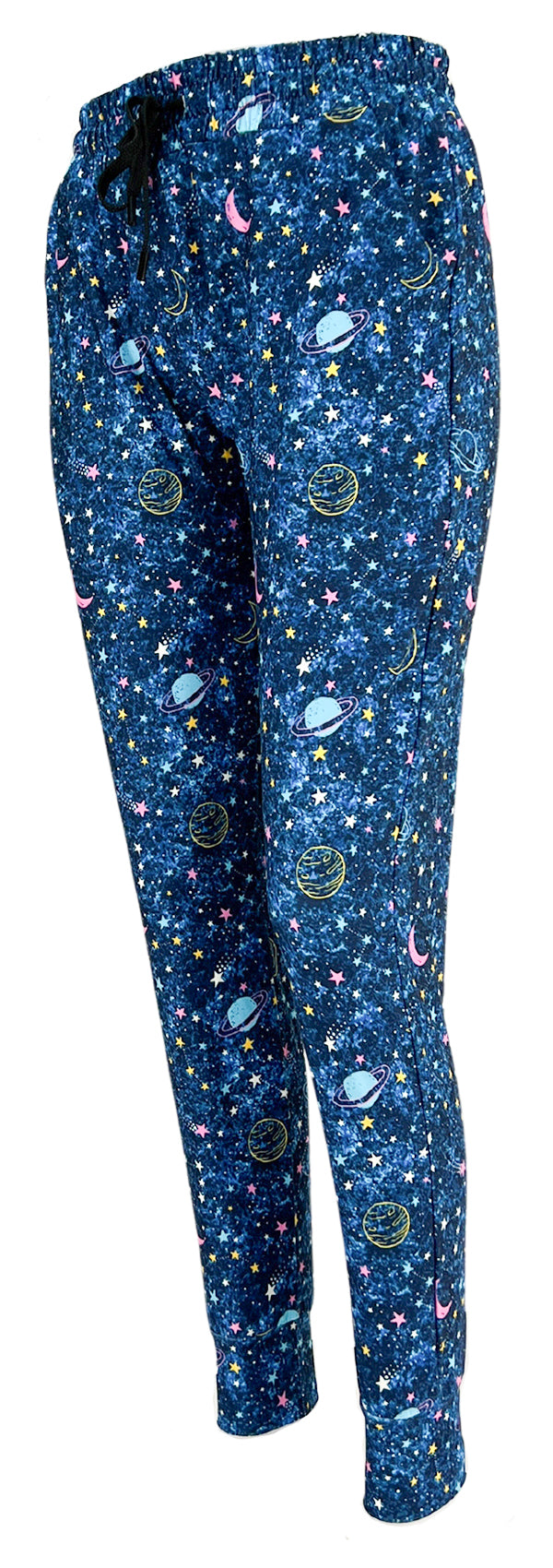 Slim fit Out Of This World Joggers with intergalactic space print, drawstring waist, cuffed bottoms, and pockets in soft fabric