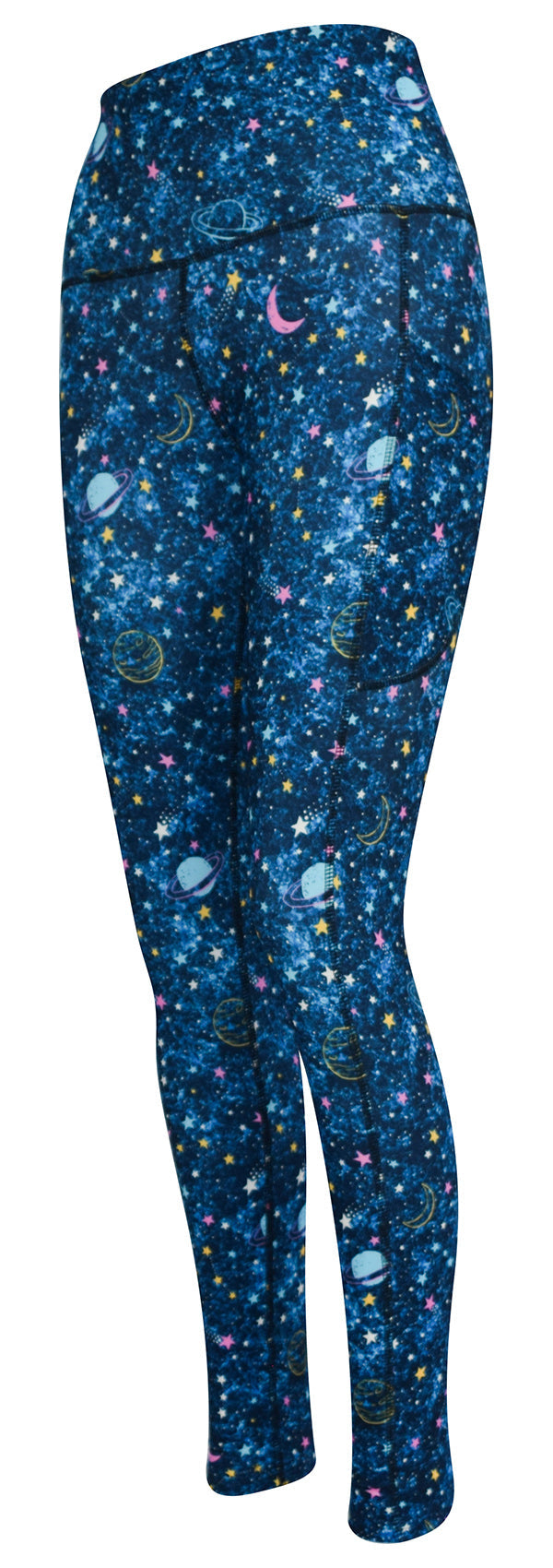 Blue galaxy print leggings with deep side pockets and structured stitching, Out Of This World design