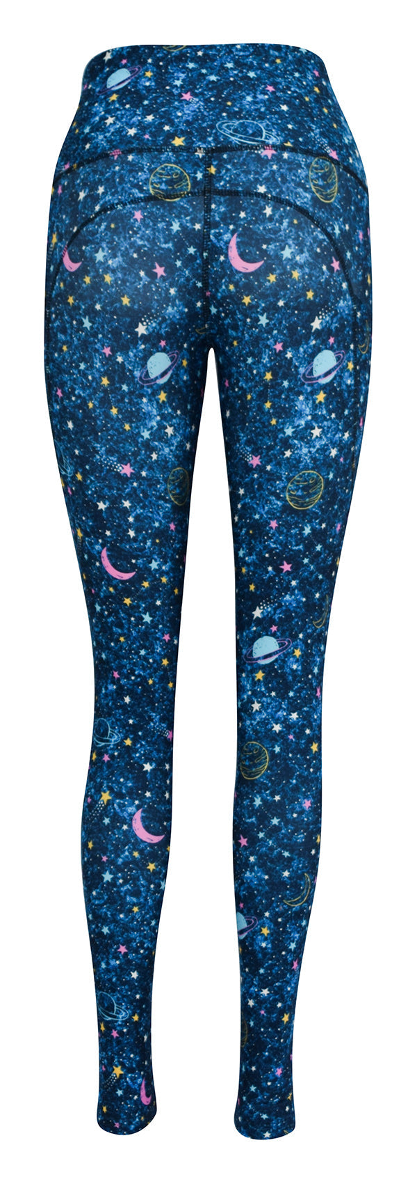 Blue galaxy print leggings with planets, stars, and deep side pockets, featuring extra stitching for structure.