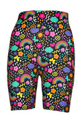 Colorful tight shorts with vibrant rainbow and multicolored doodle pattern on black background