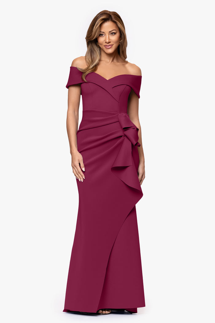 Wine “Patti” Techno Scuba Off The Shoulder Dress, front view
