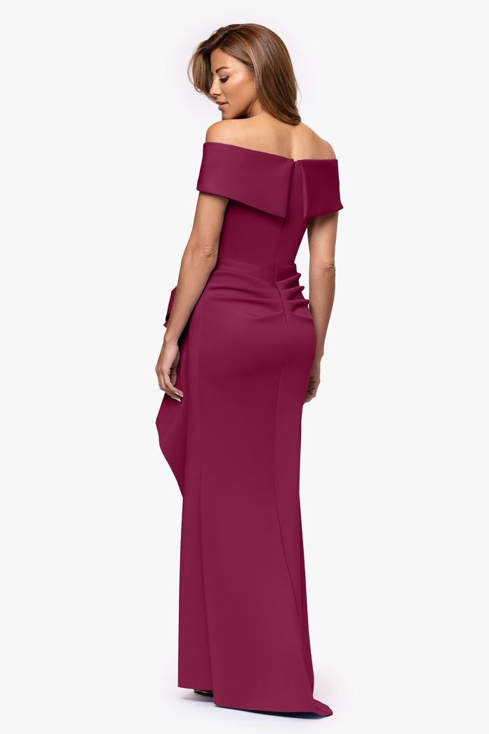 Wine “Patti” Techno Scuba Off The Shoulder Dress, back view