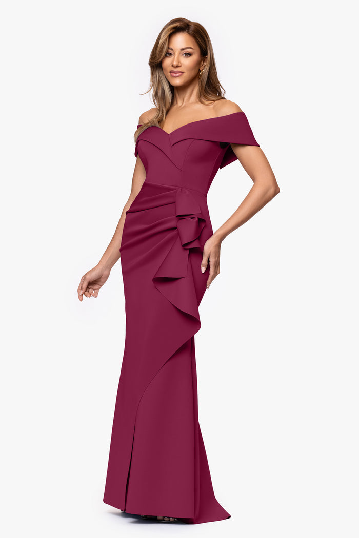 Midnight “Patti” Techno Scuba Off The Shoulder Dress, angled three-quarter view