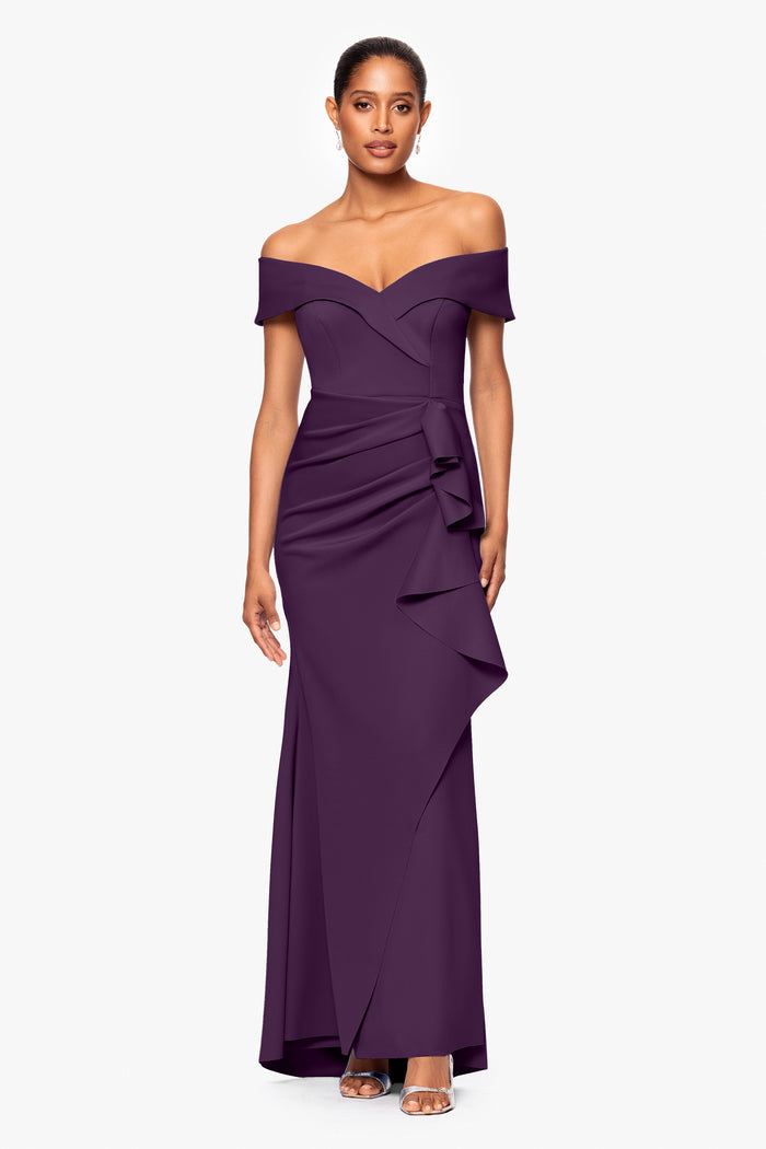 Plum “Patti” Techno Scuba Off The Shoulder Dress, front view