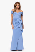 Slate “Patti” Techno Scuba Off The Shoulder Dress, editorial angled three-quarter view