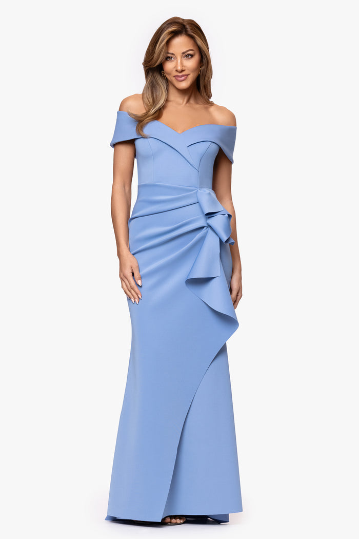 Slate “Patti” Techno Scuba Off The Shoulder Dress, editorial angled three-quarter view